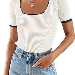 Square Collar Basic Short Sleeve T-shirt Casual All-matching Tops