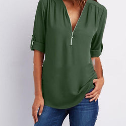 Zip V-neck Shirts Women Short Sleeve Loose Tops