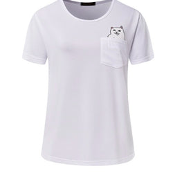 Women T Shirt Pocket cat Top Tee casual Short sleeve Tops