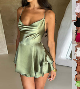 Sexy Suspender Skirt For Women Elegant Slim Strap Satin Backless Lace Up A-Line Short Dress Lady