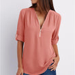 Zip V-neck Shirts Women Short Sleeve Loose Tops