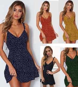 Polka-dot Strappy Dress Women Summer Fashion Beach Sundress