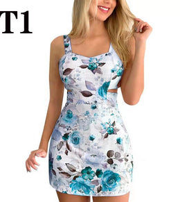 High Waist Women Dresses Spring And Summer Spaghetti Strap Large Flower Print Skirt