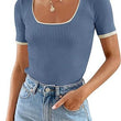 Square Collar Basic Short Sleeve T-shirt Casual All-matching Tops