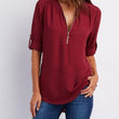 Zip V-neck Shirts Women Short Sleeve Loose Tops