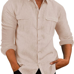 European And American Men's Shirt Double Pocket Cotton Linen