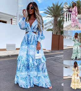 Elegant Women's Hollow Floor V-neck Long-sleeved Plant Dress Long Dresses Spring Summer Print V-neck Long Sleeve Dress