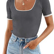 Square Collar Basic Short Sleeve T-shirt Casual All-matching Tops
