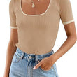 Square Collar Basic Short Sleeve T-shirt Casual All-matching Tops