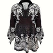 Spring Autumn New Printed Lapel Three-quarter Sleeve T-shirt Irregular Cuff Button Top