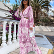 Elegant Women's Hollow Floor V-neck Long-sleeved Plant Dress Long Dresses Spring Summer Print V-neck Long Sleeve Dress
