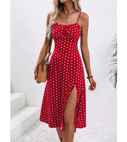 New Polka Dot Print Suspender Dress Summer Sexy Split Long Dresses For Womens Clothing