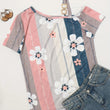 Shoulder-baring Flower Print Button Knitted Short-sleeved T-shirt