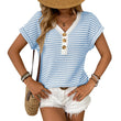 Summer V-neck Short Sleeve Knitted T-shirt Patchwork Button Pullover Top