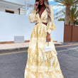 Elegant Women's Hollow Floor V-neck Long-sleeved Plant Dress Long Dresses Spring Summer Print V-neck Long Sleeve Dress