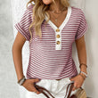 Summer V-neck Short Sleeve Knitted T-shirt Patchwork Button Pullover Top