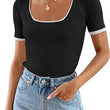 Square Collar Basic Short Sleeve T-shirt Casual All-matching Tops
