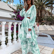 Elegant Women's Hollow Floor V-neck Long-sleeved Plant Dress Long Dresses Spring Summer Print V-neck Long Sleeve Dress