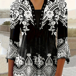 Spring Autumn New Printed Lapel Three-quarter Sleeve T-shirt Irregular Cuff Button Top
